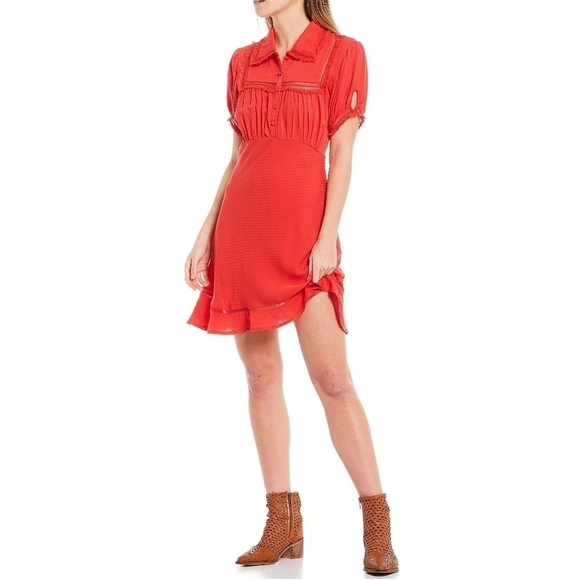 Free People Warm Glow mini dress red puff sleeve western size small NEW NWT - Picture 1 of 8